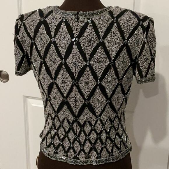 Papell Boutique Black Silver Sequins Blouse Top 100% Silk Glam Bling 90s Size M - Picture 6 of 11